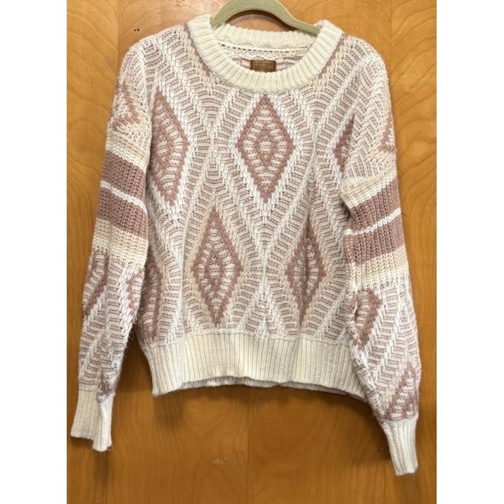 POL Womens Crewneck Diamond Stitched Chunky Knit Pullover Sweater Drop Sleeve L